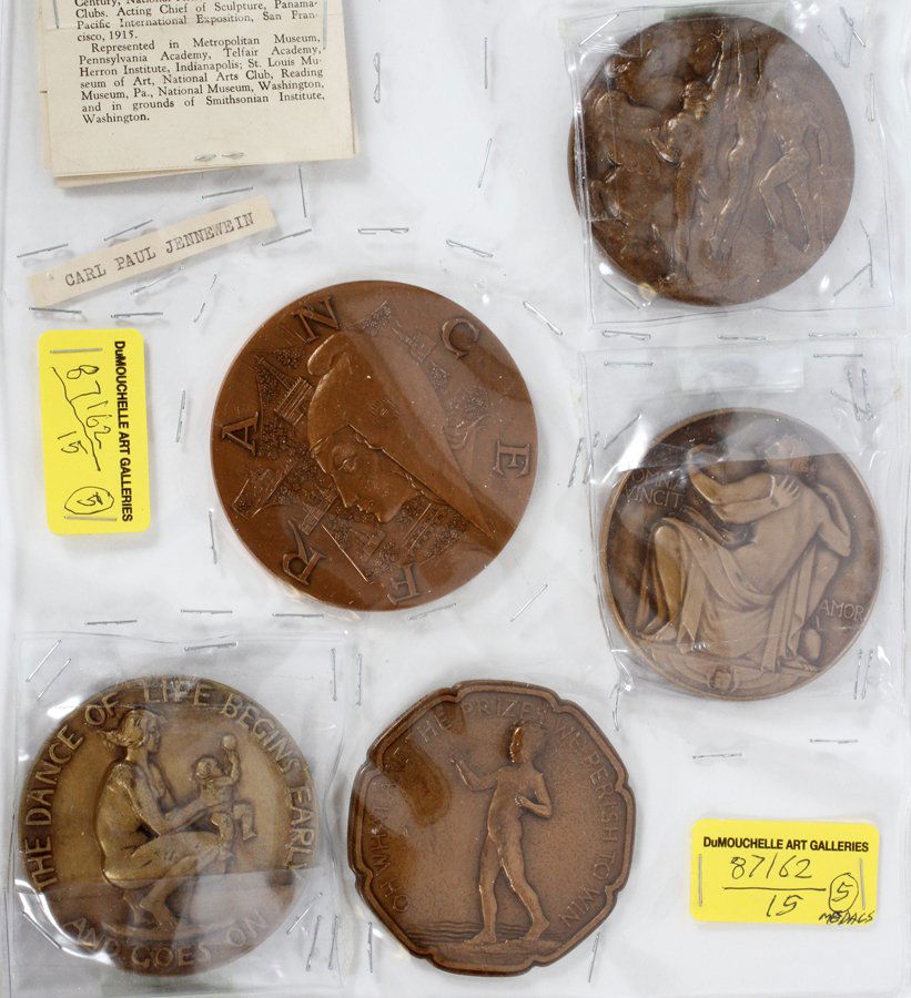 OLYMPIC STYLE BRONZE MEDAL: OLYMPIC STYLE BRONZE MEDAL 'OH WHAT ARE THE PRIZES WE PERISH TO WIN' ETC, (5) MEDALS, DIA 7MM:A.} Fishing skills 7mm,(1). B.} Winged horse nude athletes reaching for the sky Heritage Auctions #4382. 7