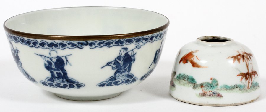 ASIAN PORCELAIN BOWL AND INK WELL: ASIAN PORCELAIN BOWL AND INK WELL, 2 H 2 1/2" - 3", DIA 4' - 6":One bowl and one ink bottle. Both marked on the underside.