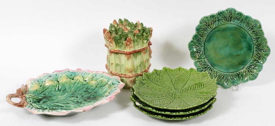 MAJOLICA PORCELAIN TABLEWARE 4 PIECES: MAJOLICA PORCELAIN TABLEWARE, 4 PIECES:Including 3 leaf form dishes, and 1 asparagus cluster. From the Estate of Daniel Clancy, Voltaire Place, Grosse Pointe Farms.