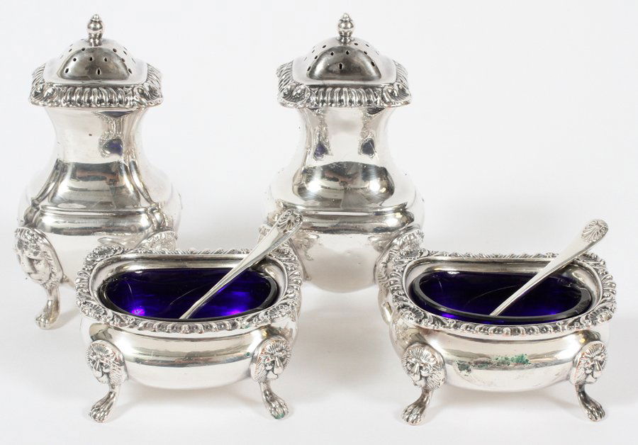 SHEFFIELD PLATE SILVER OPEN SALTS & PEPPER SHAKERS (1 of 2)