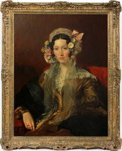 ATT. ANDREW GEDDES OIL ON CANVAS 19TH C.: ATT. ANDREW GEDDES, OIL ON CANVAS, 19TH C., H 35", W 27", MRS. JEREMIAH GREATORAX:A.R.A. 1783 - 1844. Unsigned. Depicting a half portrait of a seated Victorian woman. In a carved gilt wood frame. From