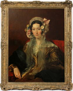 ATT. ANDREW GEDDES OIL ON CANVAS 19TH C.: ATT. ANDREW GEDDES, OIL ON CANVAS, 19TH C., H 35", W 27", MRS. JEREMIAH GREATORAX:A.R.A. 1783 - 1844. Unsigned. Depicting a half portrait of a seated Victorian woman. In a carved gilt wood frame.