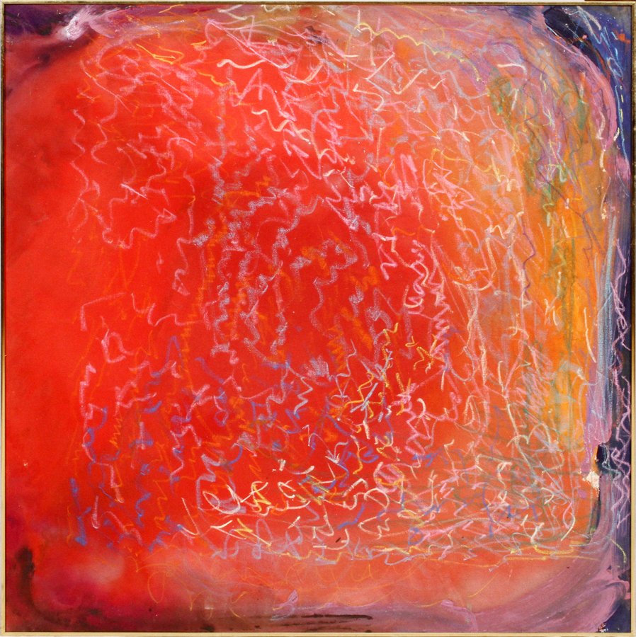 OIL AND PASTEL ON CANVAS: OIL AND PASTEL ON CANVAS, H 52", W 52", ABSTRACT:In a brass tone frame, measures overall H.52" x 52". No apparent signature. From the Estate of Daniel Clancy, Voltaire Place, Grosse Pointe Farms.