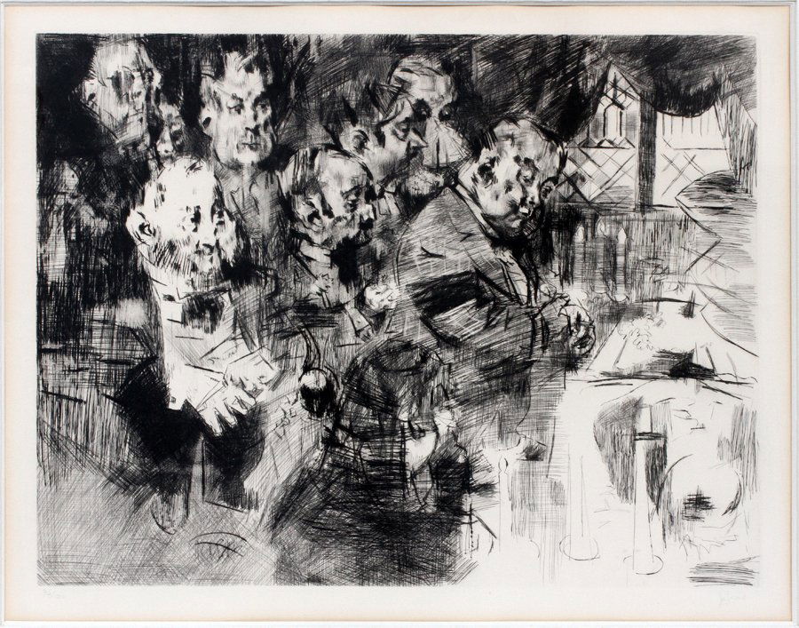 JACK LEVINE ENGRAVING & DRYPOINT 1965: JACK LEVINE (AMERICAN, 1915-2010), ENGRAVING & DRYPOINT, 1965,, PLATE SIZE: H 19", W 25", "GANGSTER'S FUNERAL':Pencil signed; #36/120; framed. Catalogue raisonee: Prescott, 30. Published by Lublin, NY