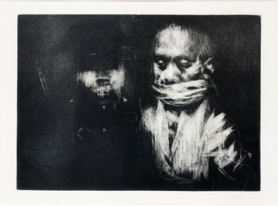 JACK LEVINE AQUATINT IN BLACK & WHITE: JACK LEVINE (AMERICAN, 1915-2010), AQUATINT IN BLACK & WHITE, PLATE SIZE: H 13"', W 17", "THE PRISONER":Plate size: 12 3/4" x 17 1/2"; #90/100; pencil signed; framed.
