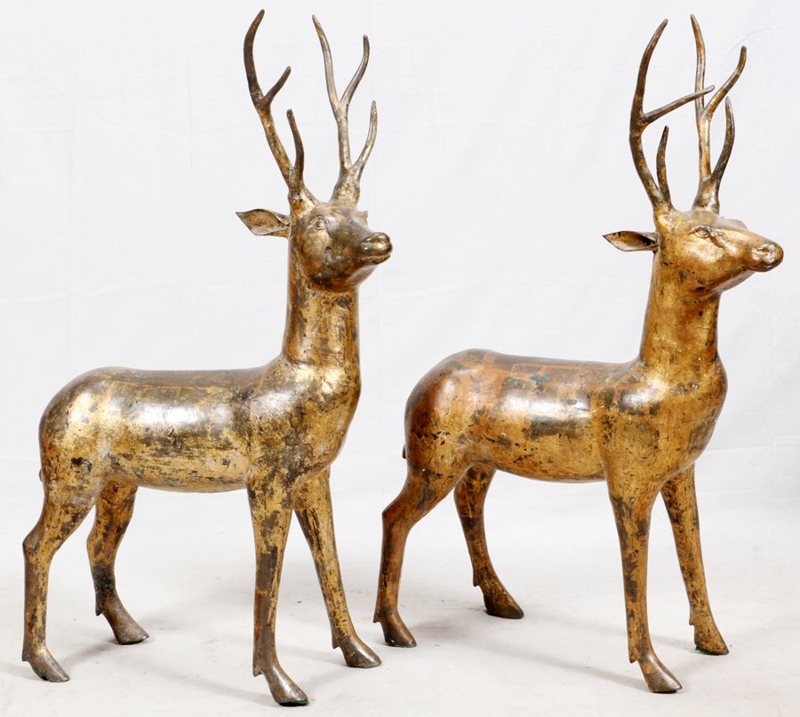 CHINESE GILT BRONZE DEER SCULPTURES PAIR (1 of 3)
