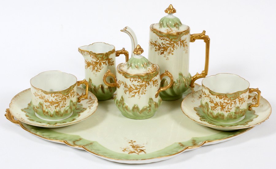 LIMOGES PORCELAIN GREEN & WHITE TEA SERVICE (1 of 2)