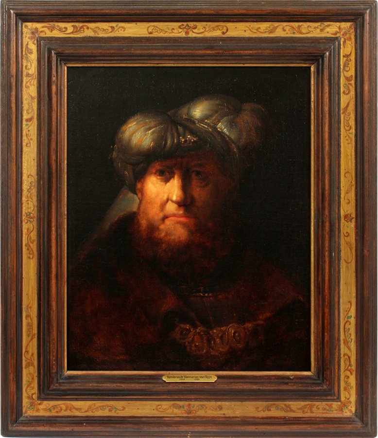 AFTER REMBRANDT OIL ON CANVAS LAID ON BOARD: AFTER REMBRANDT OIL ON CANVAS LAID ON BOARD, H 23", W 18 1/2":Cradled panel. In a carved and gilt wood frame. From the Estate of Daniel Clancy, Voltaire Place, Grosse Pointe Farms.