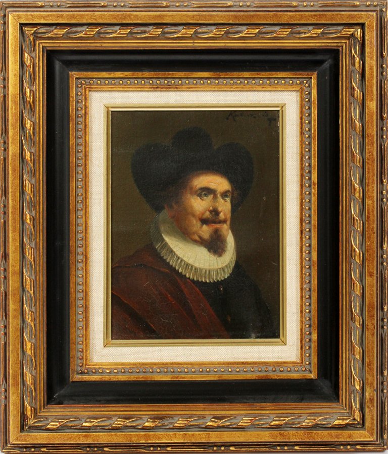 AFTER REMBRANDT OIL ON CANVAS: AFTER REMBRANDT OIL ON CANVAS, H 8", W 6", EUROPEAN PORTRAIT OF MAN:Unsigned. In a black and gilt frame. From the Estate of Daniel Clancy, Voltaire Place, Grosse Pointe Farms.