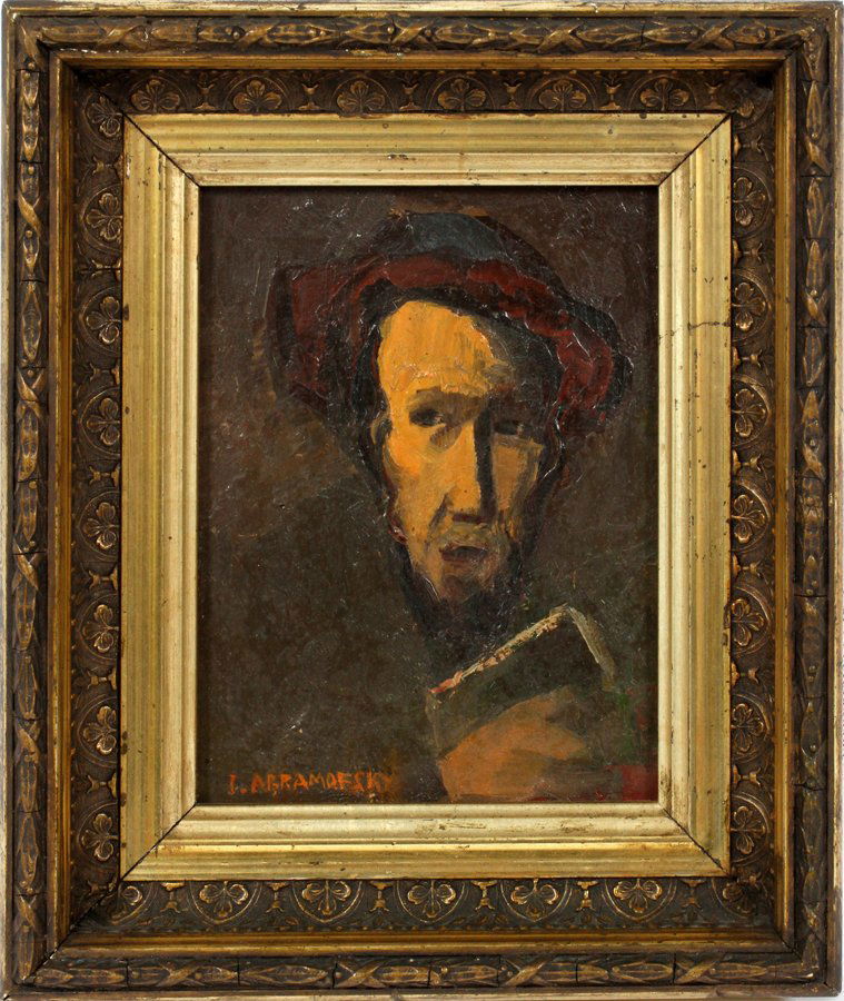 ISRAEL ABRAMOFSKY OIL ON CANVAS: ISRAEL ABRAMOFSKY OIL ON CANVAS, H 6.5", L 5" RABBI:Israel Abramofsky [Russian, 1888 - 1975]. Depicting a rabbi holding a book. Signed lower right. Framed. Abramofsky was active in Toledo, OH.