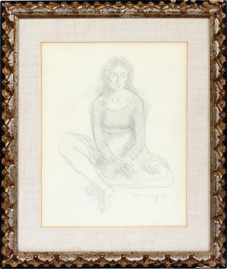 MOSES SOYER PENCIL DRAWING ON PAPER: MOSES SOYER (AMERICAN, 1899-1974), PENCIL DRAWING ON PAPER, H 13", W 11":Signed in the lower right corner. Depicts a seated dancer; matted and framed under glass. From the Estate of Daniel Clancy, Vol