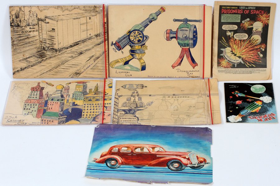 MAURICE GALYSZ DRAWINGS: MAURICE GALYSZ, DRAWINGS, 5 +, W 9" H X 12 1/2", ETC., 25TH CENTURY CITY, LIGHTNING GUN, DISINTEGRATOR RAY MACHINE, ETC.:Coverless comic book Space Family Robinson in space, Poughkeepsie,#16, April 19