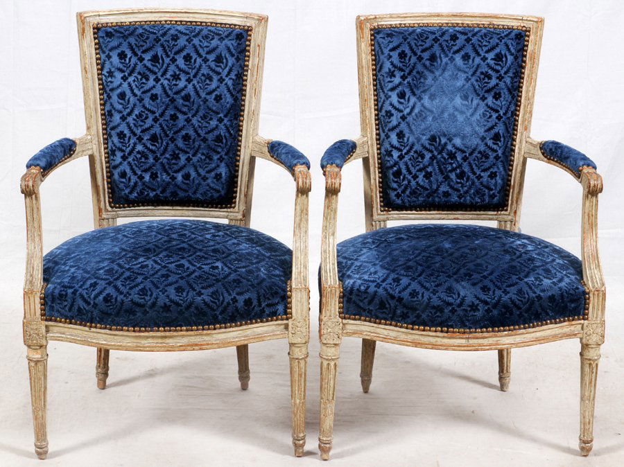 LOUIS XVI STYLE BLUE UPHOLSTERED OPEN ARM CHAIRS (1 of 3)