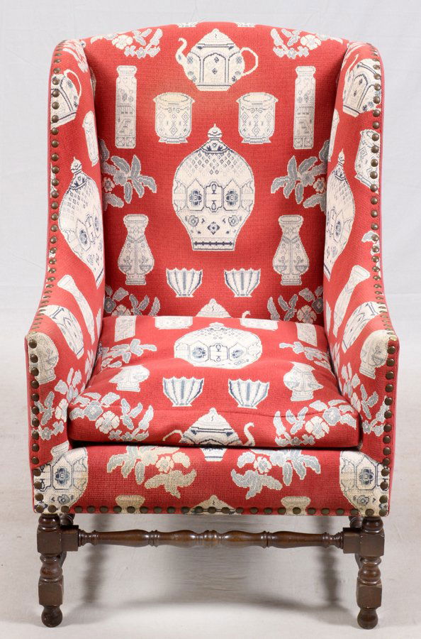 RED BLUE AND WHITE UPHOLSTERED WING BACK CHAIR (1 of 2)