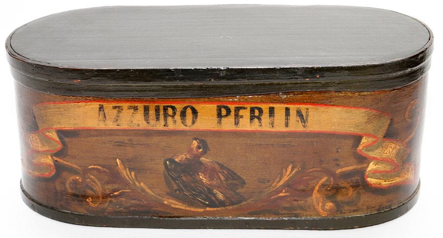 WOODEN BAND BOX 19TH CENTURY: WOODEN BAND BOX, 19TH CENTURY, H 6", W 7", L 15":Depicting the words ," AZZURO PERIN " , on a scrolling banner, with a young Eagle underneath. From the Estate of Daniel Clancy, Voltaire Place, Grosse 