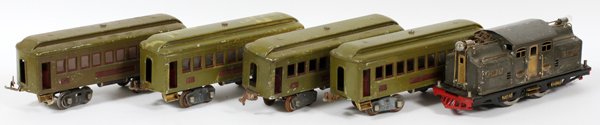 LIONEL PRE-WAR STANDARD GAUGE PASSENGER TRAIN C1932: LIONEL, PRE-WAR STANDARD GAUGE, PASSENGER TRAIN, C1932:Includes one #318, 0-4-0, electric locomotive, gun metal gray; four olive green passenger cars. Three #337 Pullman cars and one #338 Observation 