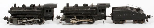 LIONEL O27 GAUGE PRE-WAR LOCOMOTIVES AND TENDER: LIONEL, O27 GAUGE, PRE-WAR, LOCOMOTIVES AND TENDER, C1940, 3 PCS.:Includes one Lionel #203, 0-6-0 steam locomotive switcher, one #1662 0-4-0 Steam switcher and one 2203B tender.