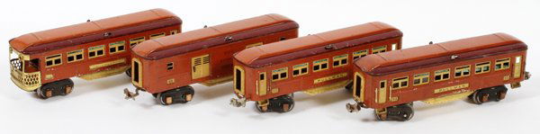 LIONEL PRE-WAR O27 GAUGE PASSENGER CARS #6131415: LIONEL, PRE-WAR, O27 GAUGE, PASSENGER CARS, #613,14,15, C1940, 4 PCS.:Includes two #613 Pullman cars, one #614 Observation car and one #615 baggage car, all terracotta bodies with terracotta and maroo