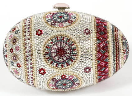 JUDITH LEIBER EGG MINAUDIERE: JUDITH LEIBER EGG MINAUDIERE, W 5 1/2":Full bead egg in shades of pink, red, blue, purple, silver, and gold, with pearl style bead accents, light pink cabochon push-button opens to a two-section inter