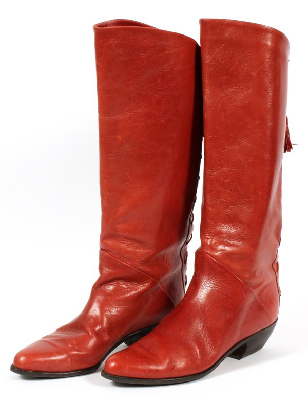 BANDOLINO RED LEATHER BOOTS: BANDOLINO RED LEATHER BOOTS, SIZE 9 1/2:Terracotta colored leather with lace back. Size 9 1/2. Made in Italy.
