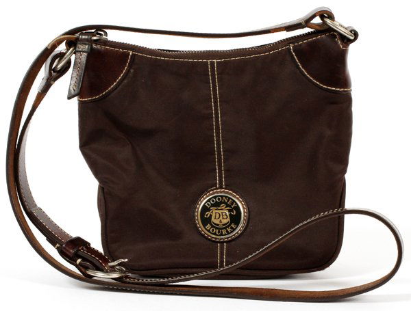 DOONEY AND BOURKE WAYFARER CANVAS AND LEATHER BAG: DOONEY AND BOURKE WAYFARER CANVAS AND BROWN LEATHER BAG, W 8 1/2":Brown canvas trimmed with brown leather, zipper opens to matching brown canvas interior. Measures: W.8 1/2" x 3" x 8" (30" to the sing