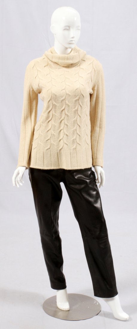 ESCADA WOOL SWEATER W/ VOTRE NOM LEATHER PANTS: ESCADA WOOL SWEATER WITH VOTRE NOM BLACK LEATHER PANTS, SIZE 36 & 42:The Escada sweater is beige in color and a size 36. The black leather pants are not Escada. They are a size 42.