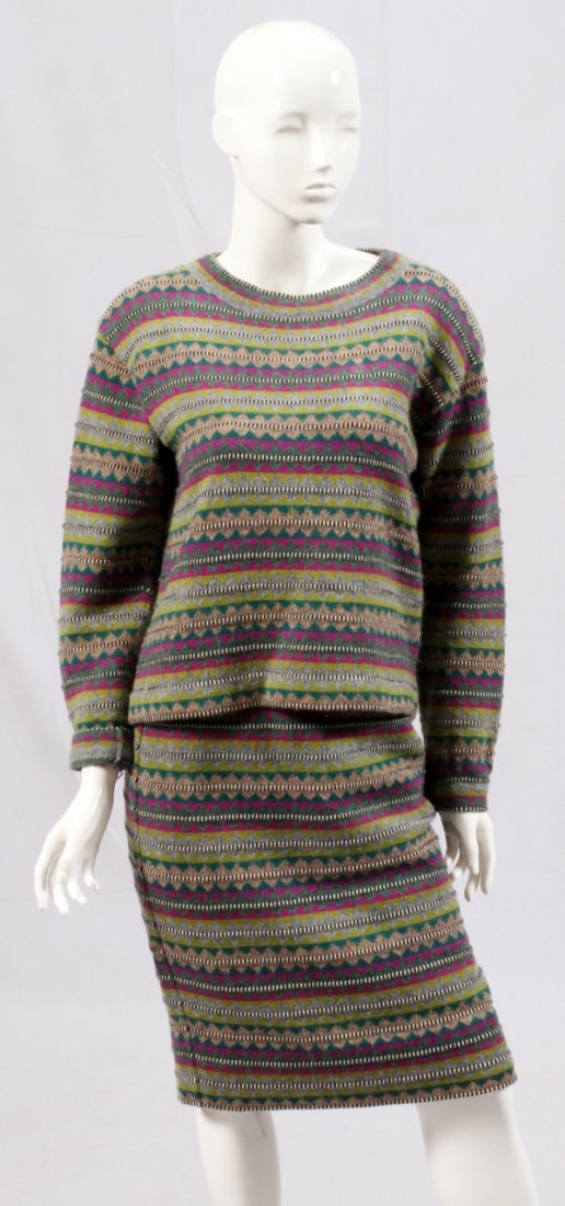 MISSONI AND LOUIS FERAUD SKIRTS AND SWEATER: MISSONI AND LOUIS FERAUD SKIRTS AND SWEATER, SIZE 8:The Missoni, matching skirt and sweater suit, is multi colored in a stripe and geometric pattern. Made in Italy. Approximately size 8. The Louis Fer