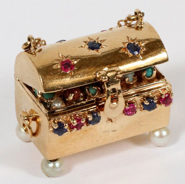 14 KT GOLD AND SAPPHIRES RUBIES CHARM CHEST (1 of 3)