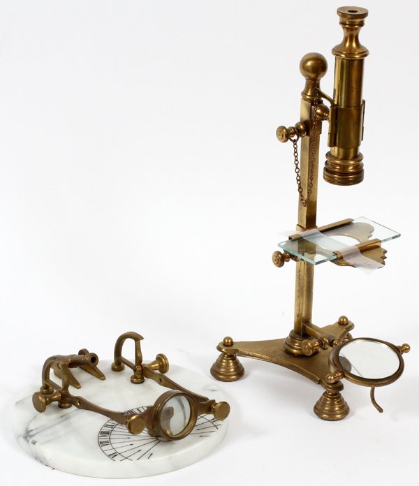BRASS MICROSCOPE AND SUNDIAL 2 PCS (1 of 1)