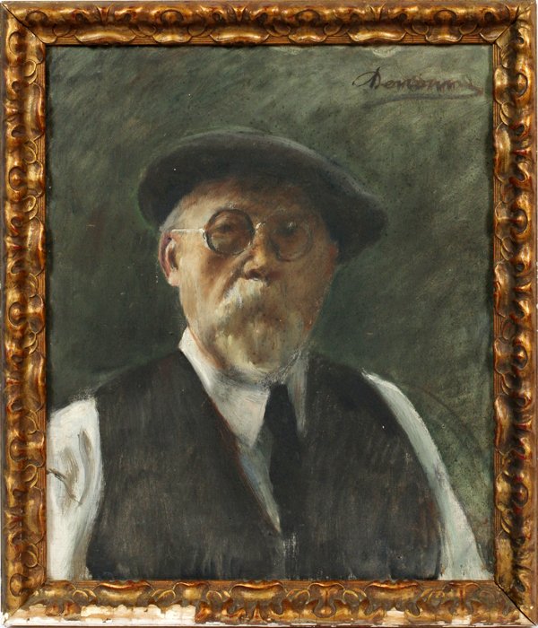 ALEXANDRE DENONNE OIL ON CANVAS MAN WEARING VEST: ALEXANDRE DENONNE, OIL ON CANVAS, MAN WEARING VEST, H 24", W 20":Alexandre Denonne [Belgian, 1879-1953]. Depicts an elderly man with a white mustache and goatee, wearing a dark vest and hat. Gilt wood