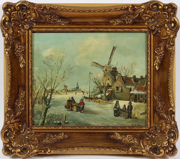 K. DE JONG OIL ON PANEL DUTCH WINTER SCENE (1 of 3)
