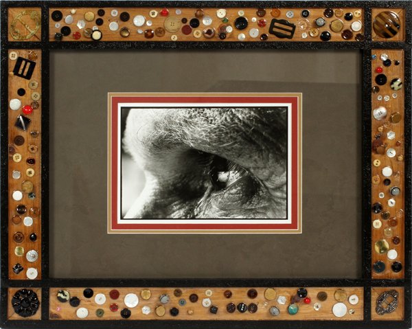 ORIGINAL DOUBLE WEIGHT BLACK AND WHITE PHOTOGRAPH: ORIGINAL DOUBLE WEIGHT BLACK AND WHITE, PHOTOGRAPH AND HAND MADE FRAME, H 9", W 13":depicts a close up of a elderly person's eye and brow. Framed and matted under glass. Set in a hand made one of a ki