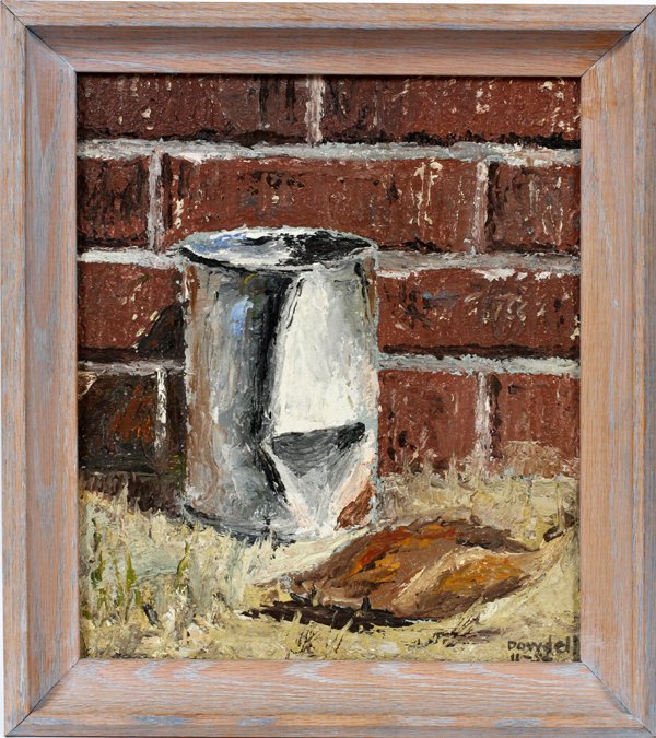 DOWDELL OIL ON BURLAP: DOWDELL OIL ON BURLAP, 11-56 H 13 1/2", W 11 1/2", STILL LIFE:A still life depicting a paint can in front of bricks. Signed lower right and illegibly dated. Framed.