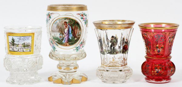 BOHEMIAN GLASS BEAKERS AND VASES 19TH.C. 4 PCS. (1 of 4)