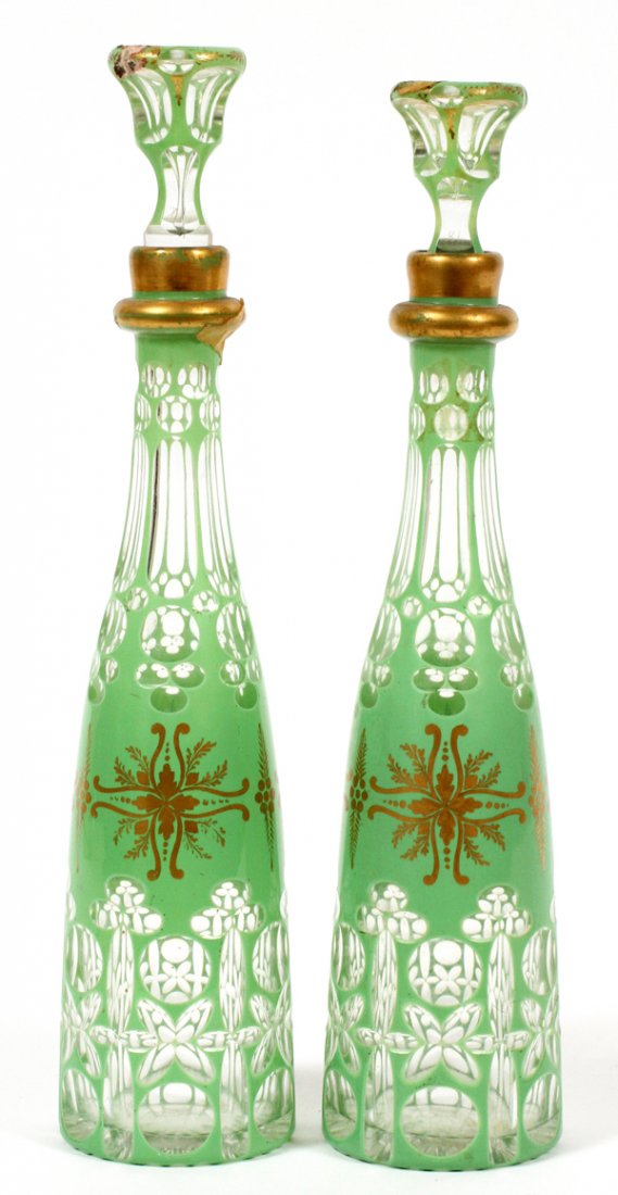 BOHEMIAN OVERLAY GLASS BOTTLES W/ STOPPERS PAIR (1 of 3)