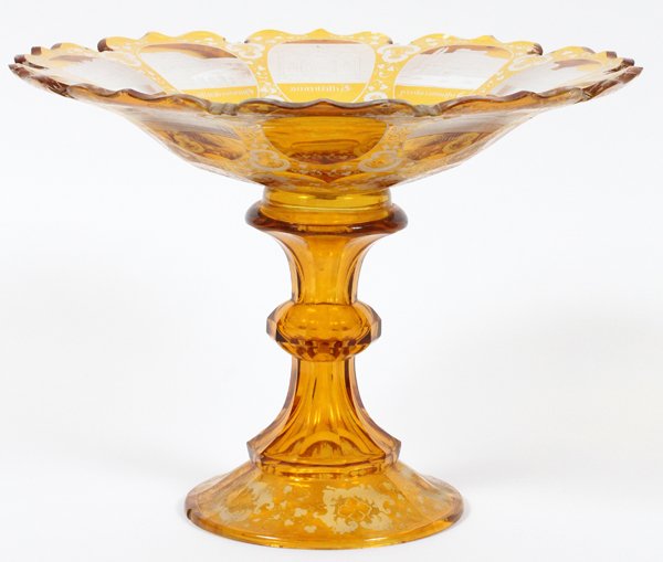 BOHEMIAN CUT TO CLEAR AMBER GLASS COMPOTE (1 of 3)
