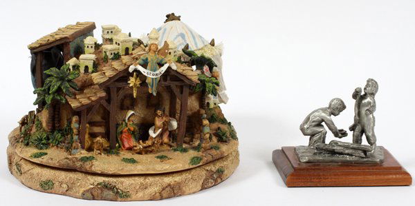 CHRISTMAS MUSIC BOX & SCULPTURE: CHRISTMAS MUSIC BOX & SCULPTURE:Christmas music box, Dia 9 1/2", H 7", Nativity Scene. Reed and Barton pewter "Christmas Eve" sculpture, H 3 1/2".