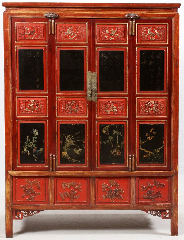 CHINESE RED & BLACK LACQUER CABINET (1 of 3)
