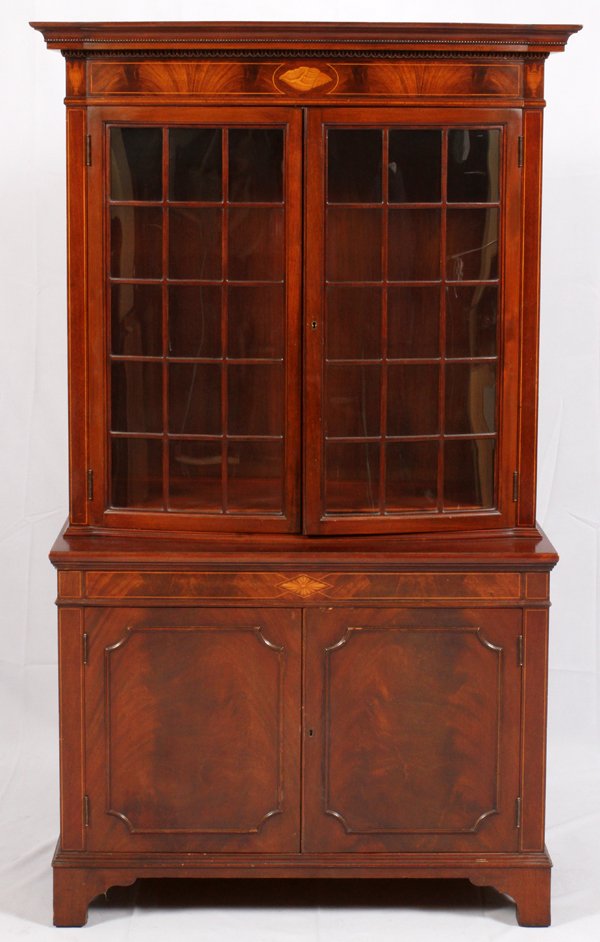 BERKEY & GAY FEDERAL-STYLE MAHOGANY CHINA CABINET: BERKEY & GAY FEDERAL-STYLE MAHOGANY CHINA CABINET, C. 1940'S, H 61", L 40", D 17:Berkey & Gay, Grand Rapids, circa 1940's. Having on overhanging cornice over a central shell inlay, above two glass doo