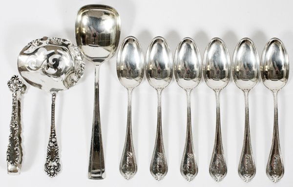 STERLING TEASPOONS AND 3 OTHERS: STERLING TEASPOONS (6) AND 3 OTHERS:Six teaspoons by Towle engraved "Grace". One nut spoon, one Wallace sugar tongs, one Wallace sugar spoon. Nine pieces total.