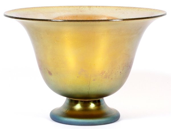 GOLD FAVRILE STYLE GLASS VASE: GOLD FAVRILE STYLE GLASS VASE, H 4":A round vase, or bowl, with tapering sides and short pedestal foot; signed "L. C. T. Favrile N-28" (see additional photo). Measures H.4", Dia.6 1/4".