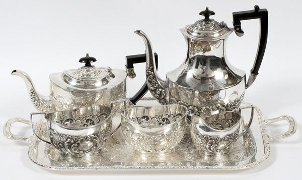ENGLISH SHEFFIELD SILVER PLATE TEA SET & TRAY (1 of 3)