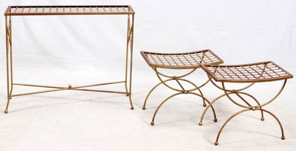 CONTEMPORARY GILT TONE METAL OTTOMANS & CONSOLE (1 of 2)