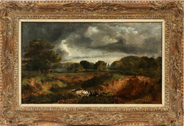 FOLLOWER OF JOHN CONSTABLE OIL ON CANVAS 19TH C.: FOLLOWER OF JOHN CONSTABLE, OIL ON CANVAS, 19TH C., H 15", W 25":Sandpits at Hampstead. 14 3/4" x 24 3/4"; gilt frame.