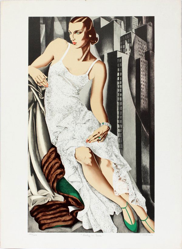 AFTER TAMARA DE LEMPICKA COLOR LITHOGRAPH: AFTER TAMARA DE LEMPICKA (POLISH, 1898-1980), COLOR LITHOGRAPH, IMAGE: H 26", W 15", "LADY IN LACE":Estate signed by artist's daughter, K. Lempicka (Kizette); #144/500; paper size: 30" x 22"; unframed