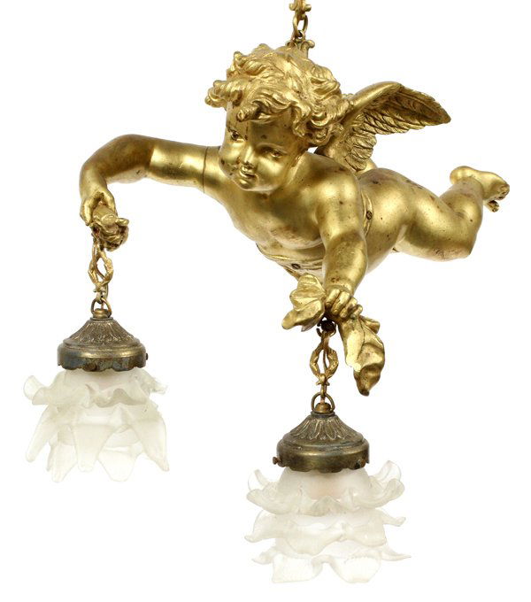 FRENCH BRONZE TWO-LIGHT CUPID CHANDELIER (1 of 7)