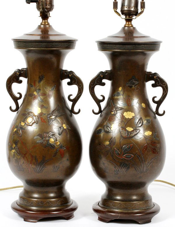 JAPANESE BRONZE GOLD ONLAID TABLE LAMPS 19TH.C. (1 of 5)