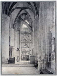 FREDERICK HENRY EVANS PLATINUM PRINT: FREDERICK HENRY EVANS, PLATINUM PRINT, "CATHEDRAL INTERIOR" GLOUCESTER CATHEDRAL NAVE, SOUTH SIDE TO EAST, C. 1900, H 6", W 4 1/2":Titled on verso; framed.