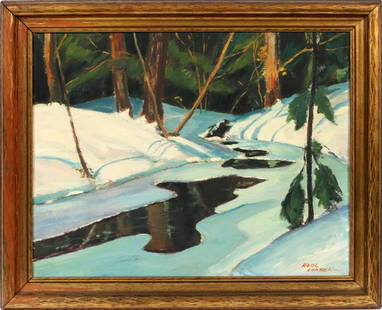 KARL LARSEN 1897-77 OIL ON WOOD PANEL: KARL LARSEN, 1897-77, OIL ON WOOD PANEL H 23" W 30" WINTER SCENE:Signed. Danish American 1897 - 1977, member of Scarab Club, Detroit. Period wood frame.