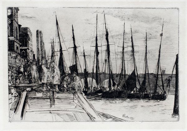 JAMES A. M. WHISTLER ETCHING, "BILLINGSGATE": JAMES ABBOTT MCNEILL WHISTLER, SIGNED ETCHING, DATED 1859, 5 1/2" X 8 1/2", "BILLINGSGATE":Plate signed and dated. Plate 10 1/4" x 14" paper. Light struck, unframed.